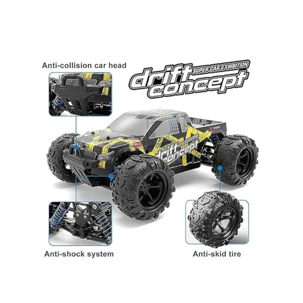Remote control 4WD monster truck driving off-road on rough terrain.