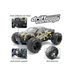 Remote control 4WD monster truck driving off-road on rough terrain.