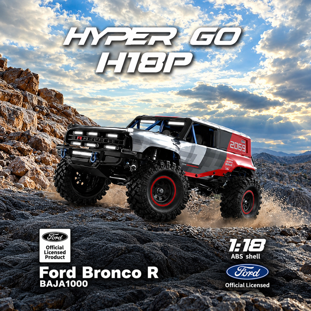 MJX Hyper Go H18P Ford Bronco R 1:18 RC truck on rocks with large off-road tires