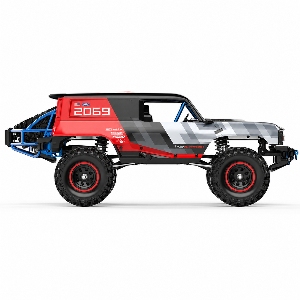 Red, white and black RC off-road truck with rugged tires and blue roll cage