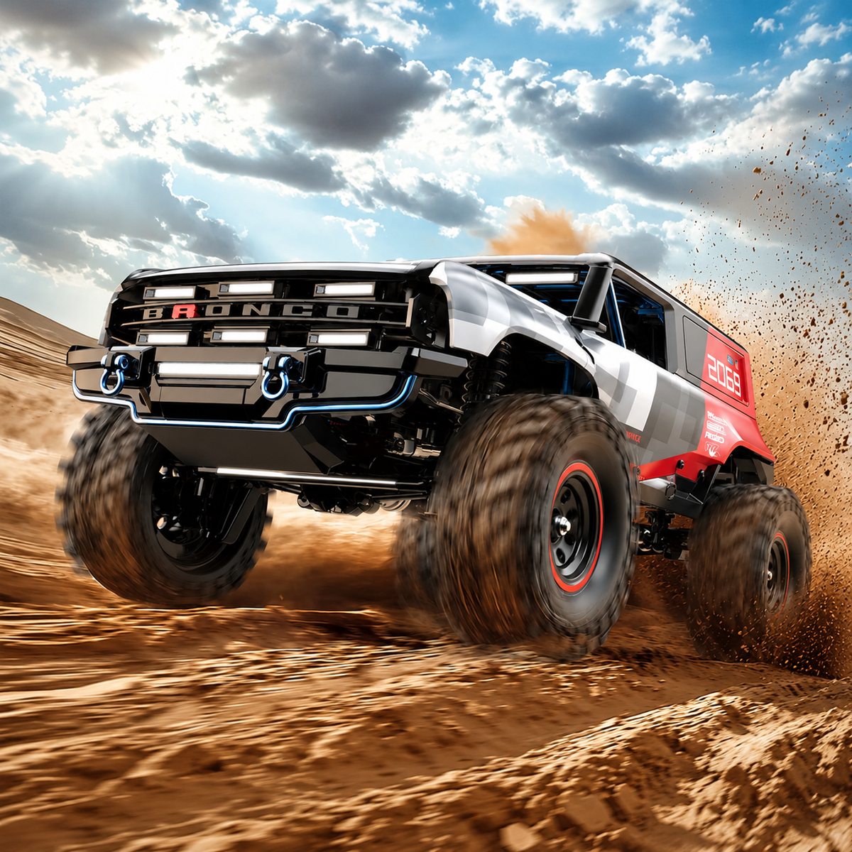 MJX Hyper Go H18P Ford Bronco R 1:18 RC truck splashing dust on rocky ground