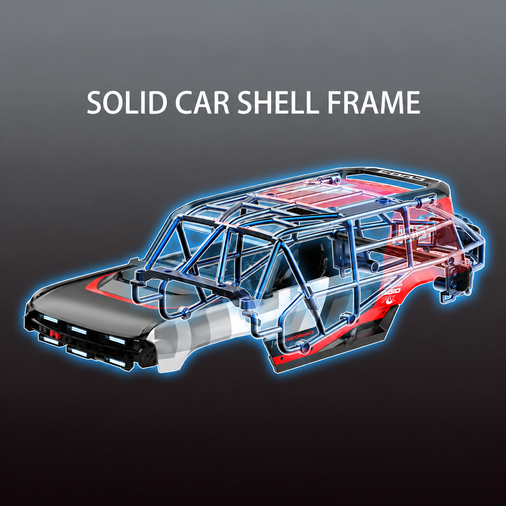 1:18 RC truck frame with metal roll cage structure and reinforced chassis rails