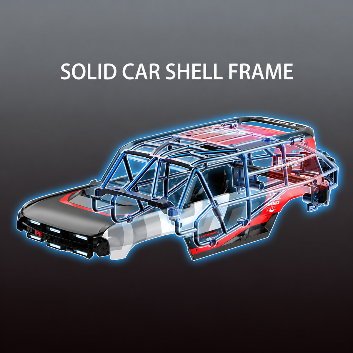 1:18 RC truck frame with metal roll cage structure and reinforced chassis rails