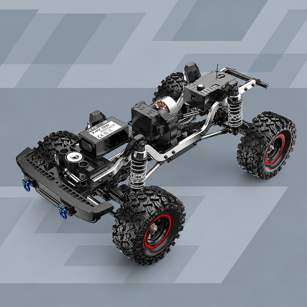 1:18 RC off-road truck chassis with exposed suspension, shocks, and drivetrain