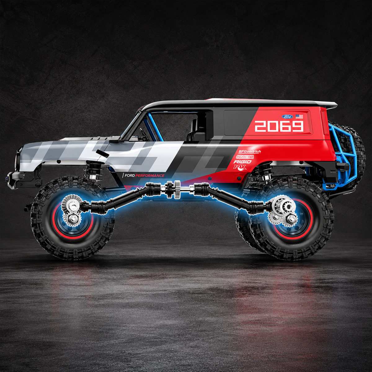 MJX Hyper Go H18P Ford Bronco R 1:18 RC truck side view with blue wheel details