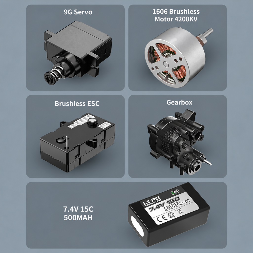 RC electronics set: 9G servo, 1606 brushless motor, ESC, gearbox, 7.4V battery