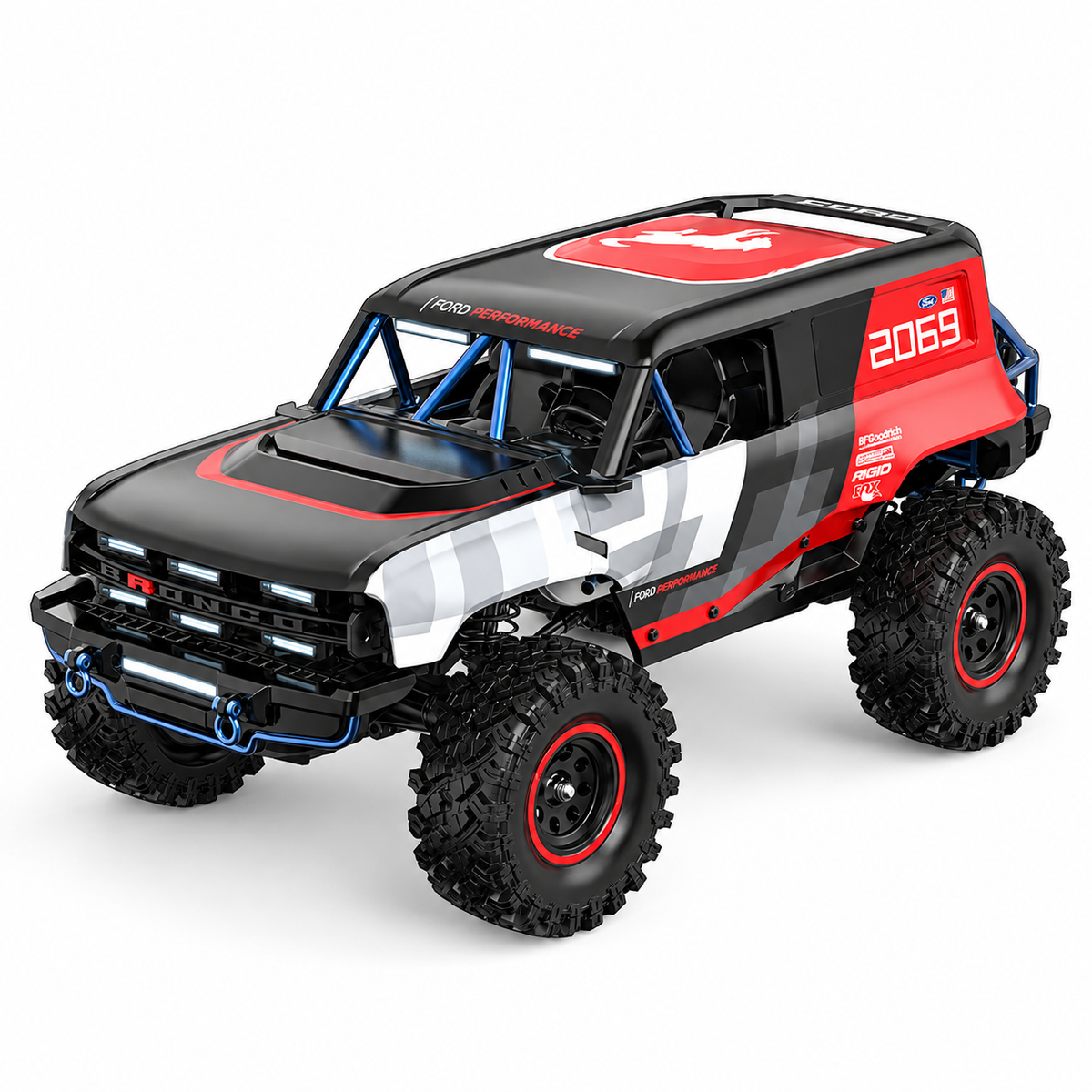 Black, white and red RC off-road truck with blue roll cage and large tread tires