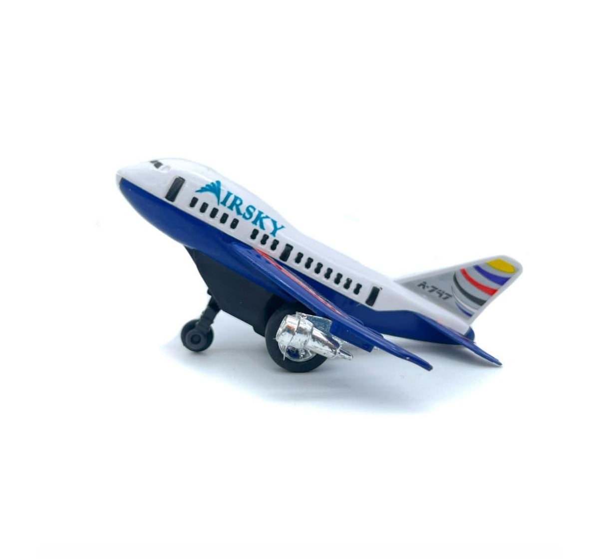 Centy Fly High Mini Jet A-747 toy airplane in side view with blue wings and silver engines
