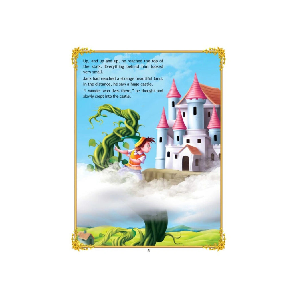 Boy climbs giant beanstalk to a castle in the sky and discovers treasure.