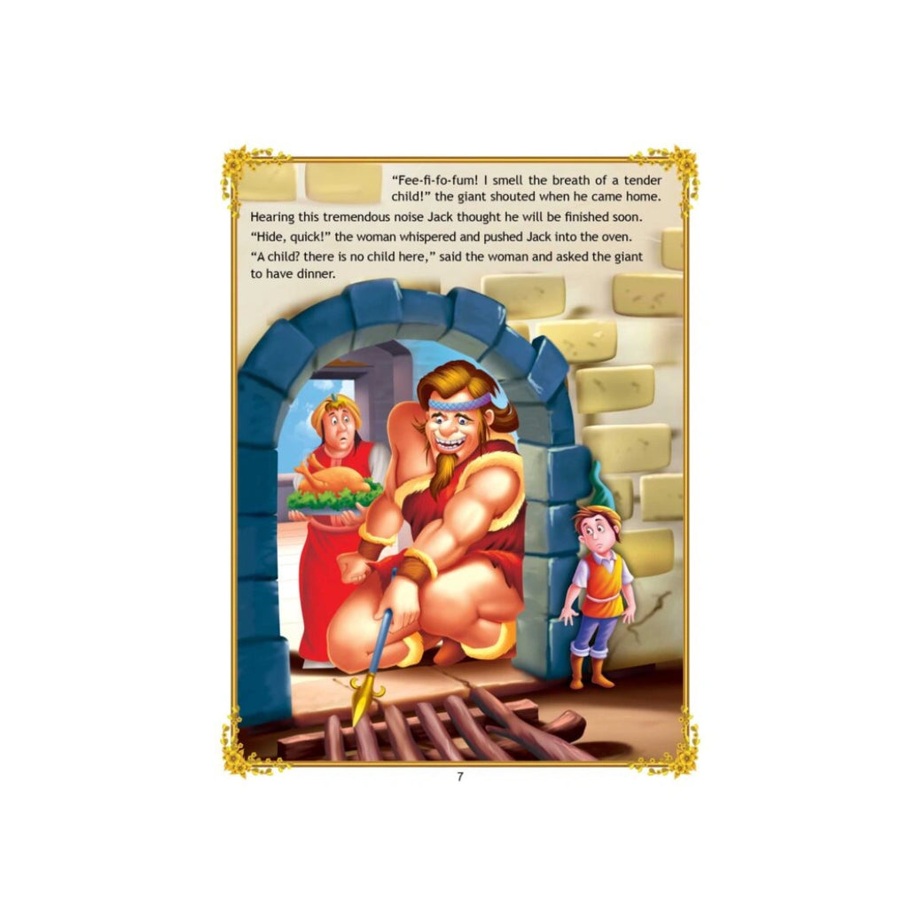 Boy climbs giant beanstalk to a castle in the sky and discovers treasure.