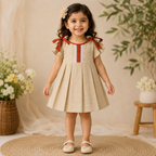 Pupl Girls Beige Cotton Pleated Dress with Rust Bow (3 Months-2 Years)
