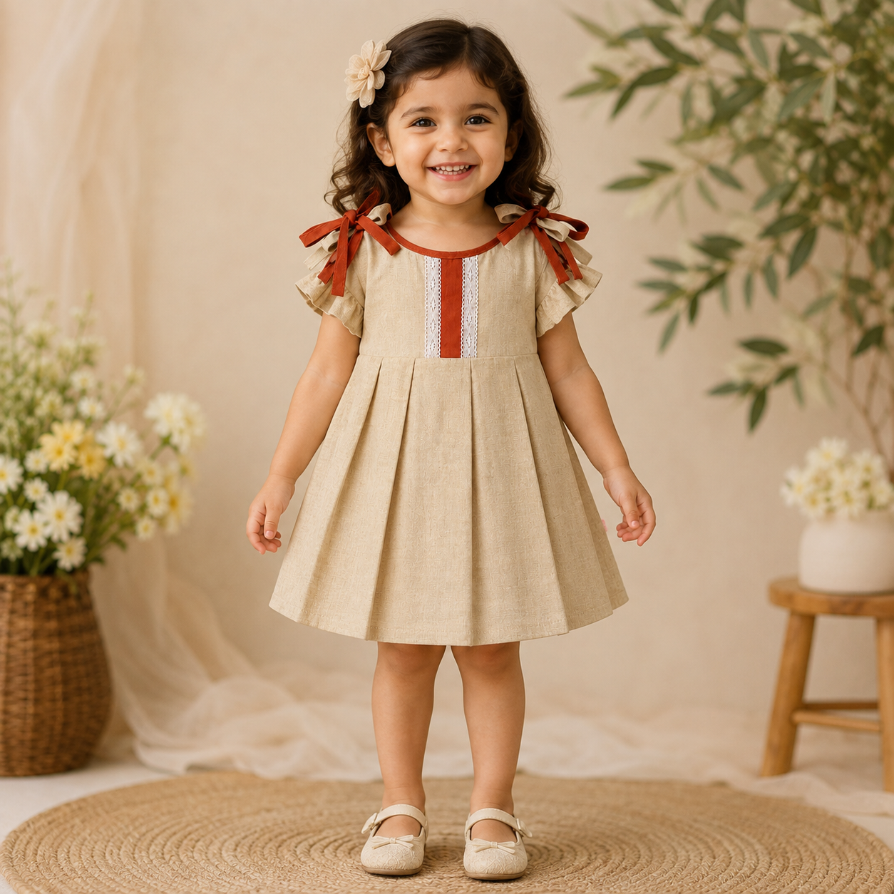 Pupl Girls Beige Cotton Pleated Dress with Rust Bow (3 Months-2 Years)
