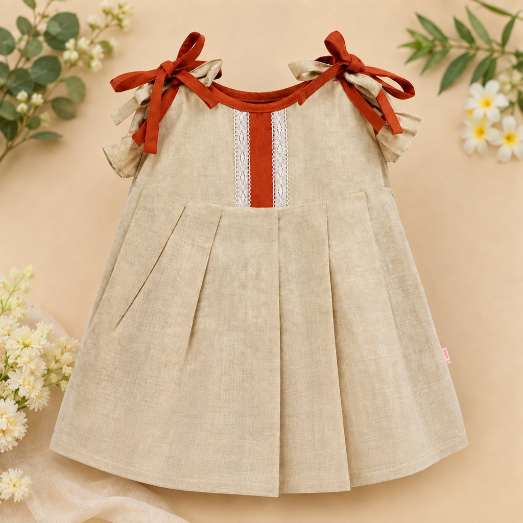 Pupl Girls Beige Cotton Pleated Dress with Rust Bow (3 Months-2 Years)