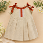 Pupl Girls Beige Cotton Pleated Dress with Rust Bow (3 Months-2 Years)