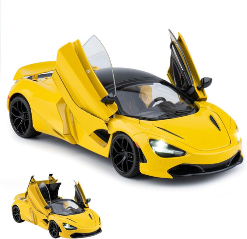 Yellow 1:18 McLaren 720s die-cast toy car with open doors on white background