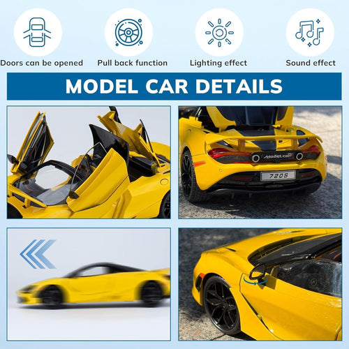 1:18 scale McLaren 720s die-cast toy car, yellow with openable doors detail