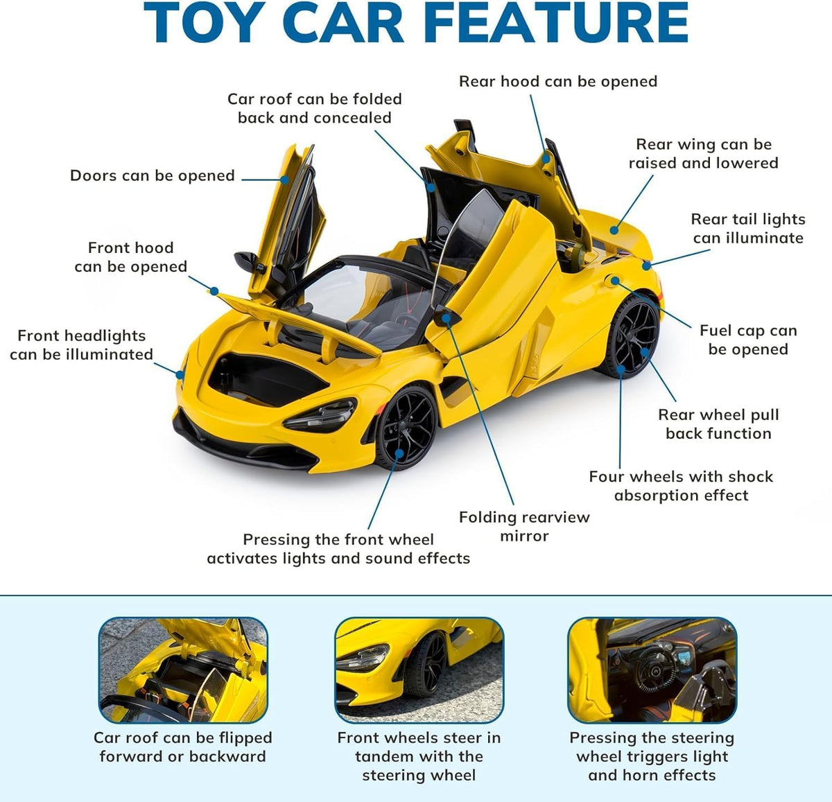 1:18 Scale McLaren 720s Die-Cast Metal Car with Sport car Openable Doors Light and Sound,Pull Back Function Indoor Outdoor Toy for Kids (1:18 McLaren 720s)