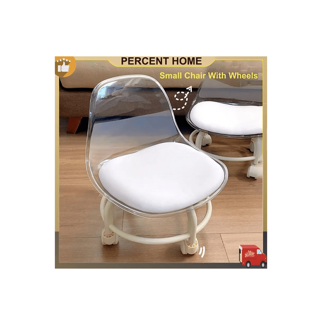 Mitsico Room Decors Mitsico Low Roller Acrylic Stool – 360° Rotating, Transparent, Silent Wheels, White For Kids (2 Years)