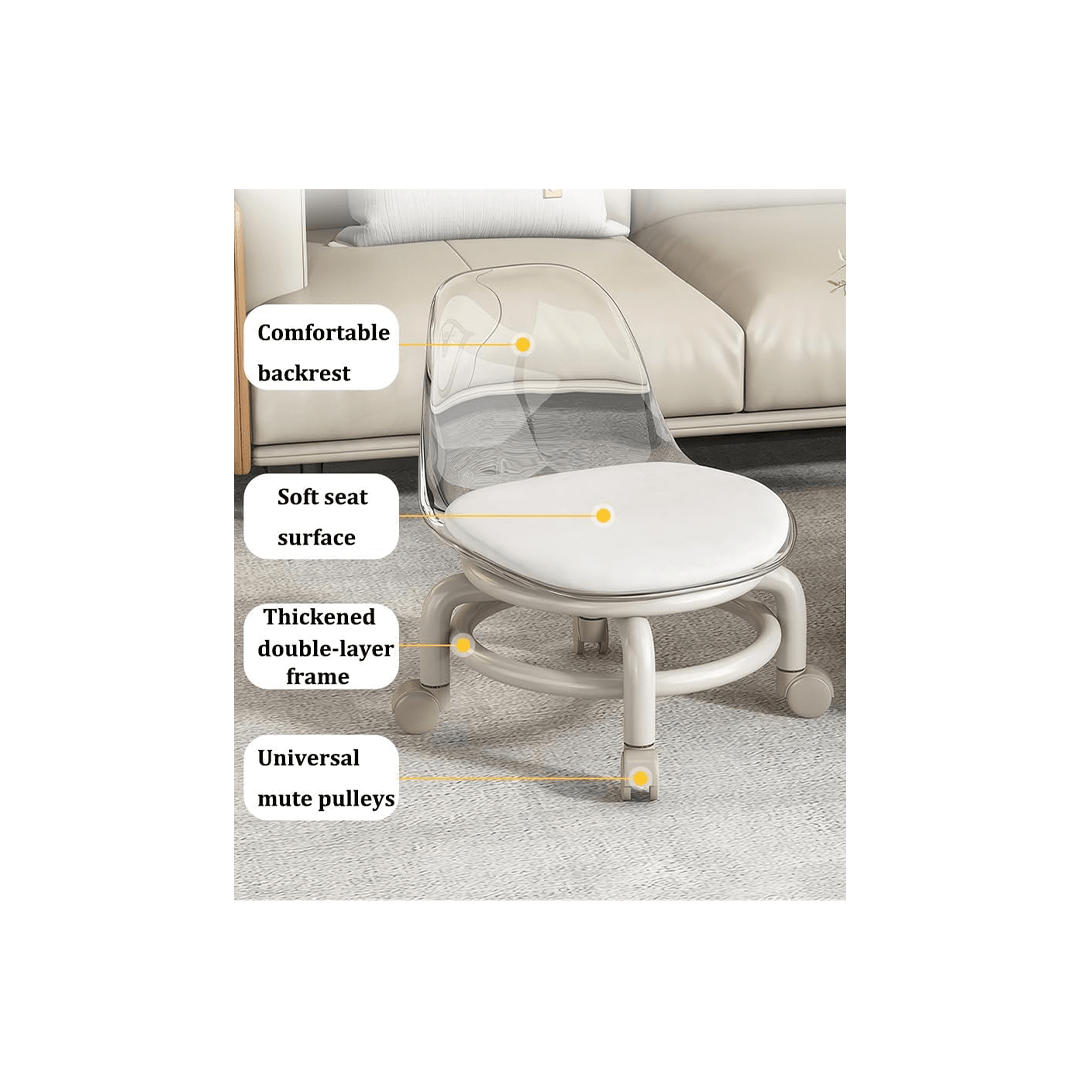 Mitsico Room Decors Mitsico Low Roller Acrylic Stool – 360° Rotating, Transparent, Silent Wheels, White For Kids (2 Years)