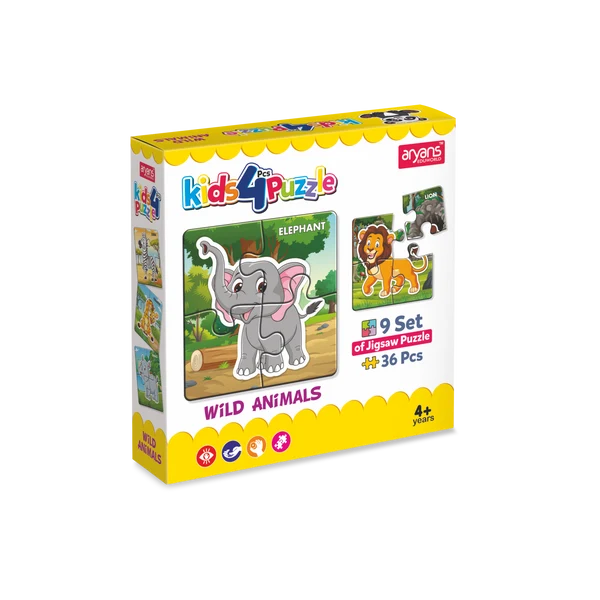 Kids 4 Pcs Wild Animals Jigsaw Puzzle Set – 9 Puzzles, 36 Pieces, Educational Learning Toy for Kids (4 Years+) Animals as Per Availability
