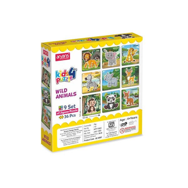 Kids 4 Pcs Wild Animals Jigsaw Puzzle Set – 9 Puzzles, 36 Pieces, Educational Learning Toy for Kids (4 Years+) Animals as Per Availability