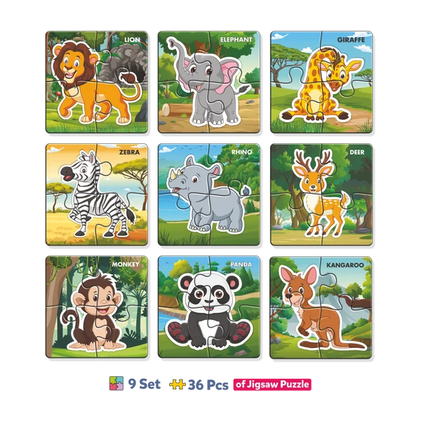 Kids 4 Pcs Wild Animals Jigsaw Puzzle Set – 9 Puzzles, 36 Pieces, Educational Learning Toy for Kids (4 Years+) Animals as Per Availability