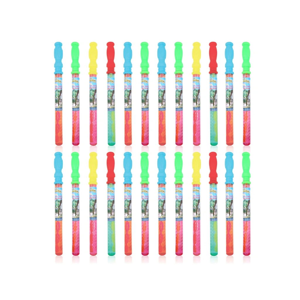 24 pack kids bubble sticks with pre-filled bubble solution bottles.
