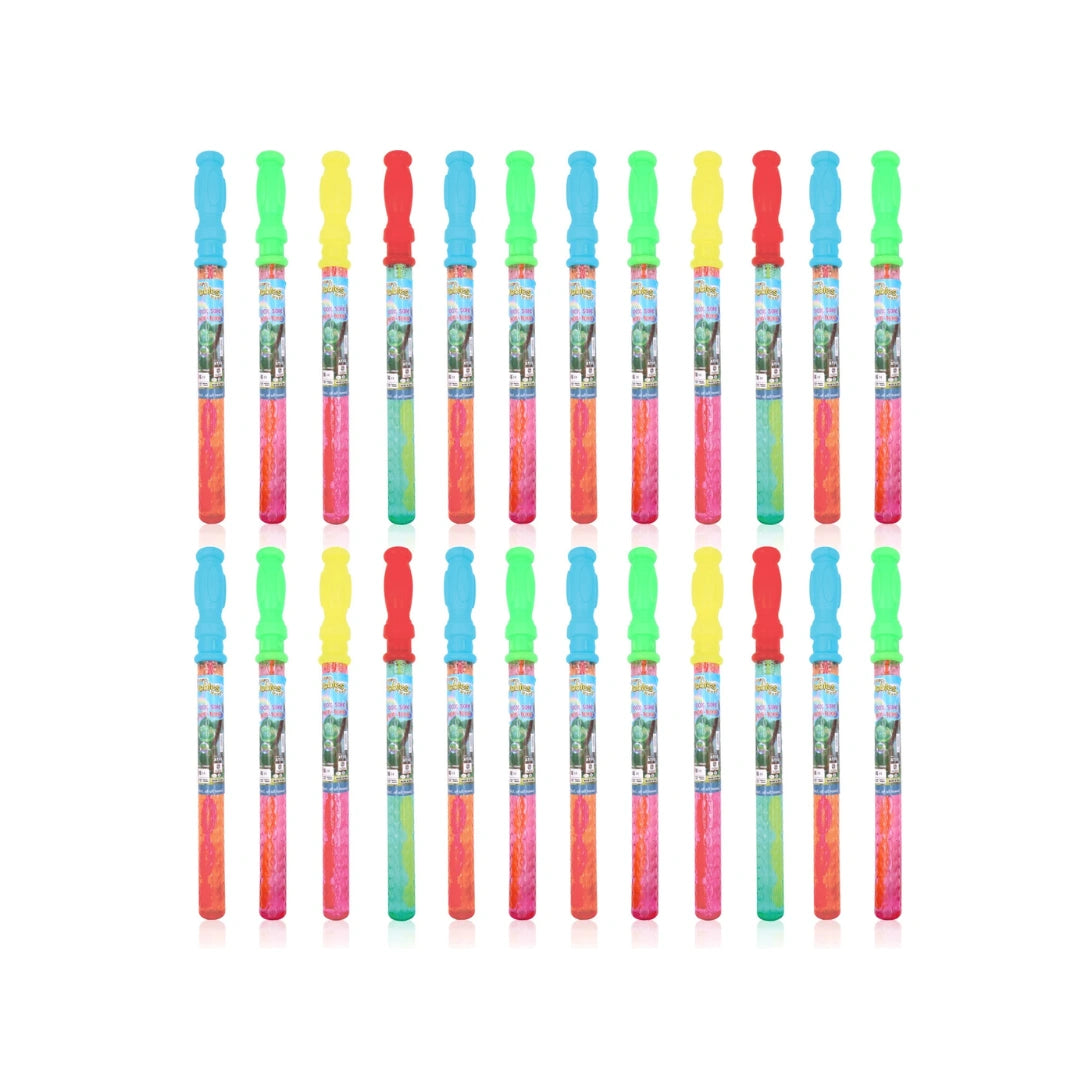 24 pack kids bubble sticks with pre-filled bubble solution bottles.
