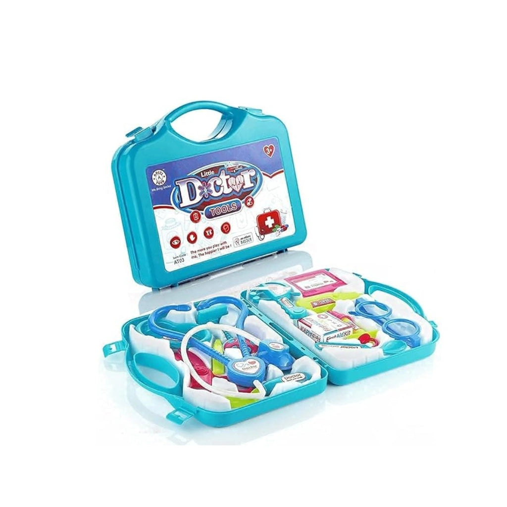 Kids doctor play set with foldable suitcase and medical toy accessories.
