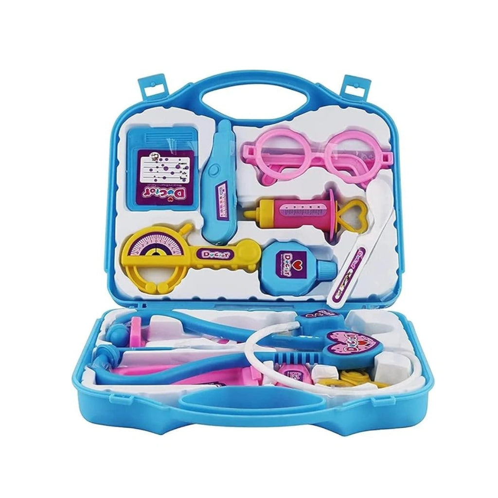 Kids doctor play set with foldable suitcase and medical toy accessories.
