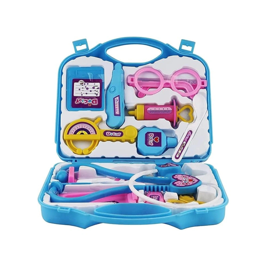 Kids doctor play set with foldable suitcase and medical toy accessories.
