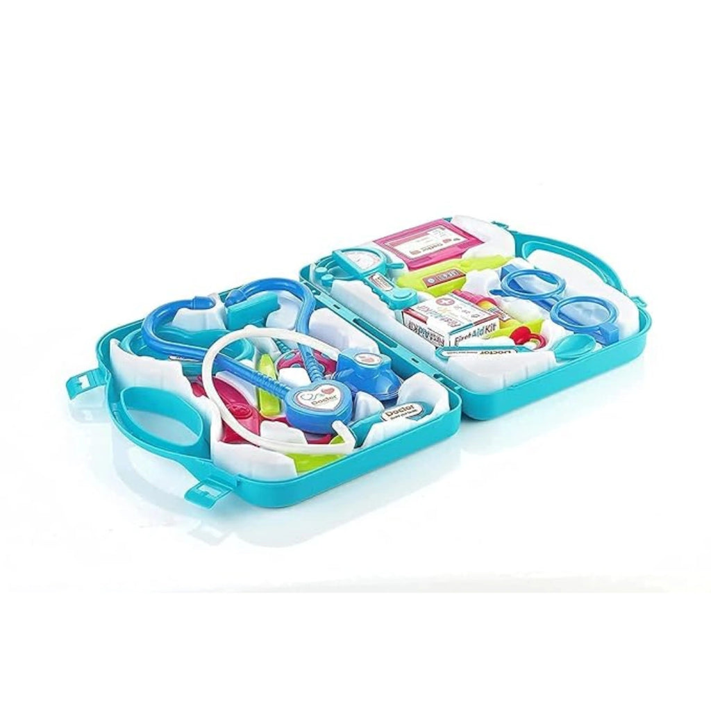 Kids doctor play set with foldable suitcase and medical toy accessories.
