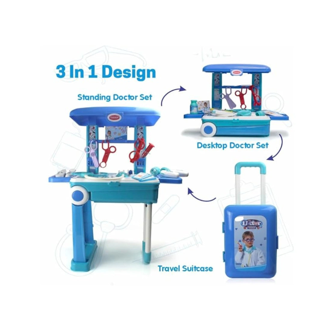 Doctor trolley play set with medical accessories for kids.
