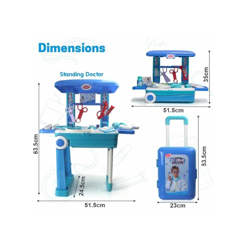 Doctor trolley play set with medical accessories for kids.

