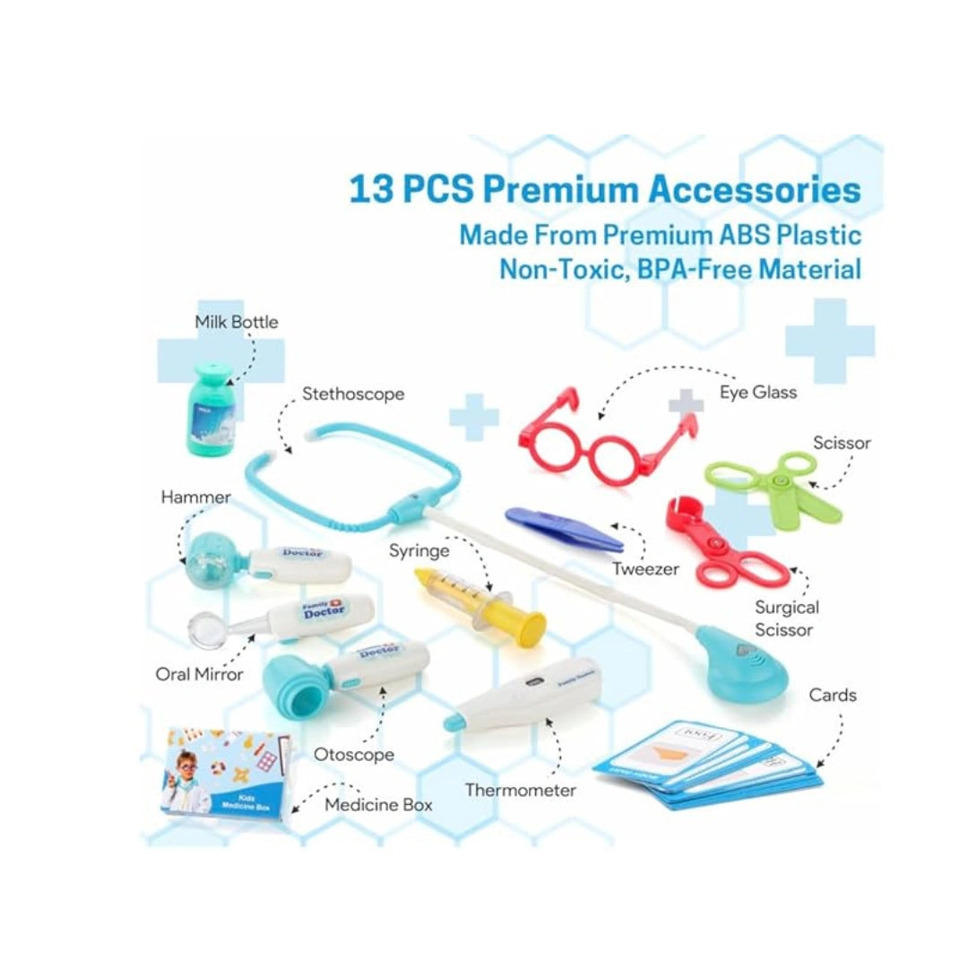 Doctor trolley play set with medical accessories for kids.
