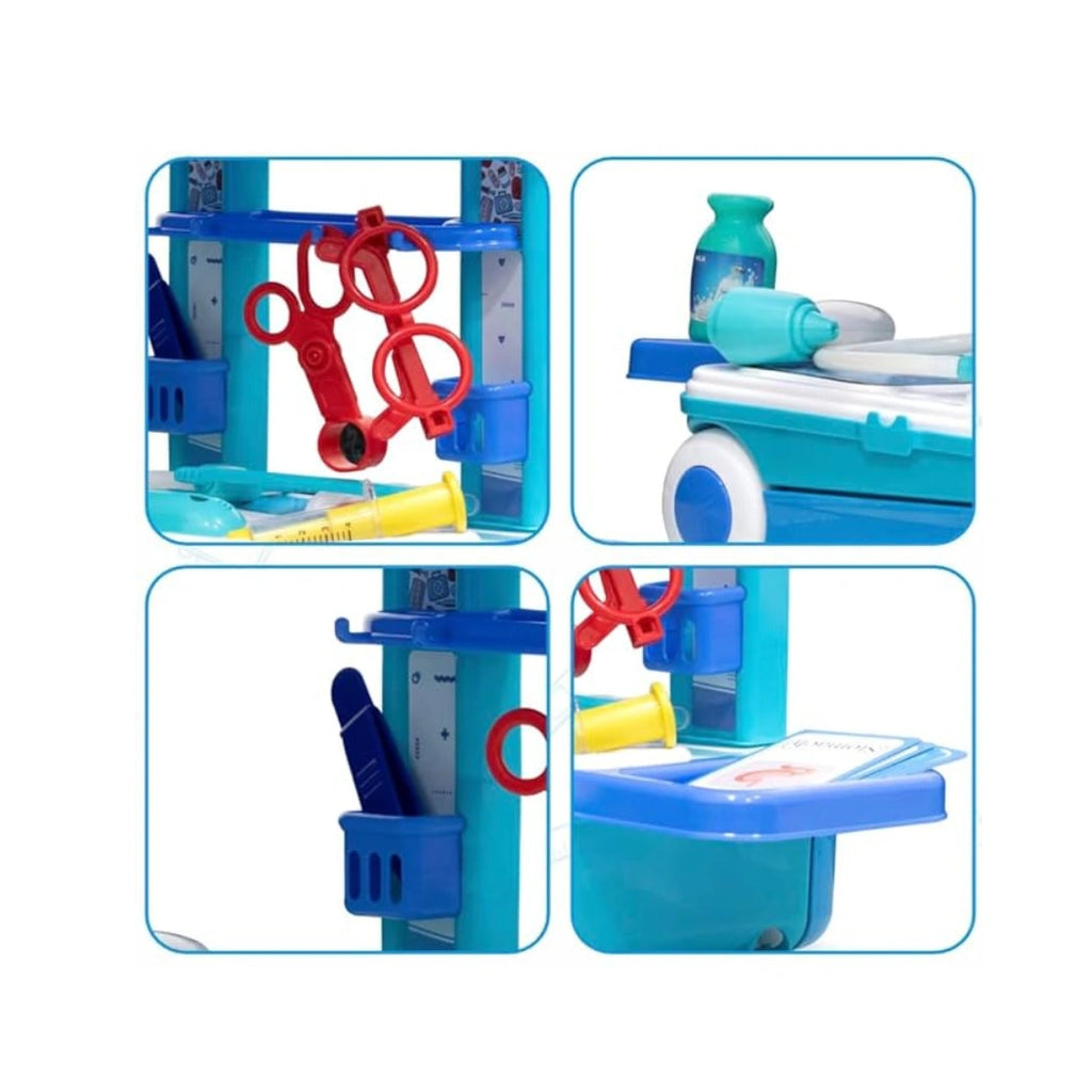 Doctor trolley play set with medical accessories for kids.
