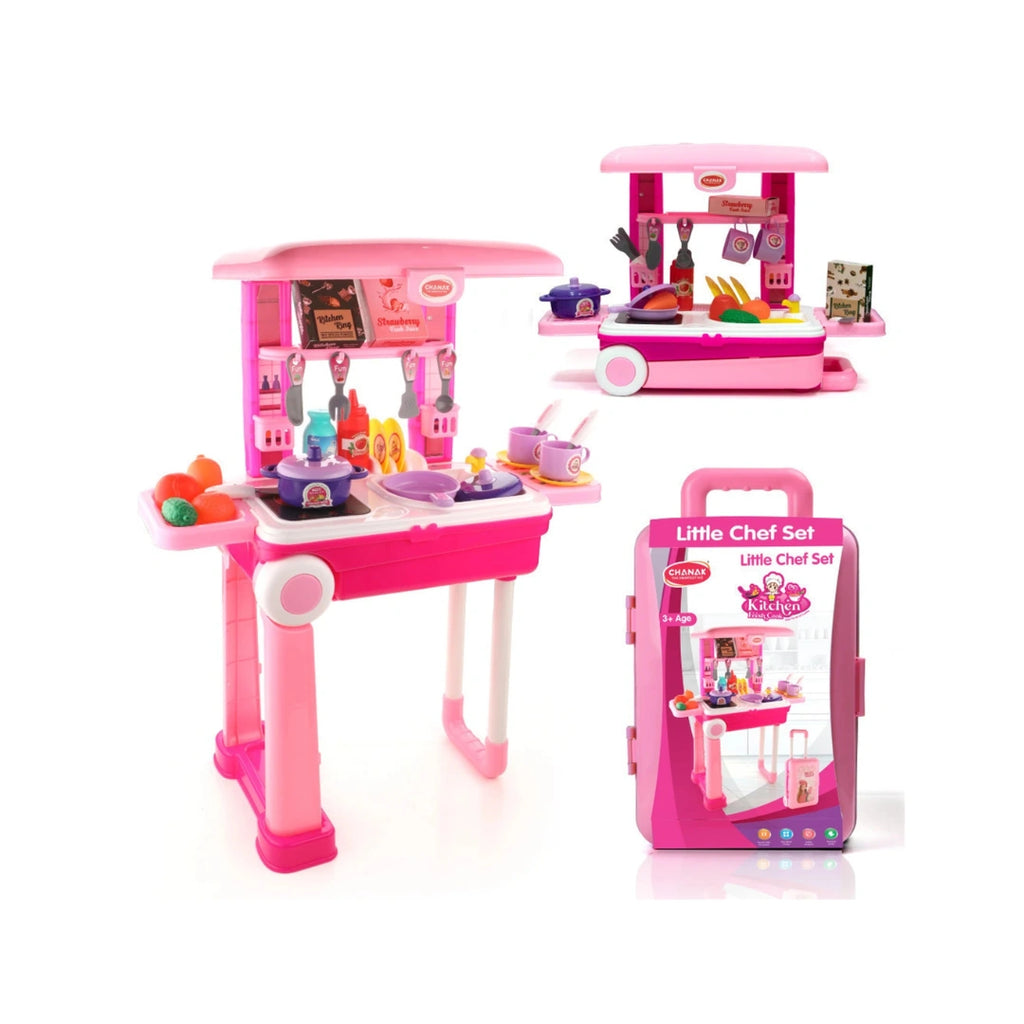 Portable kitchen trolley play set with lights, sounds, and accessories.