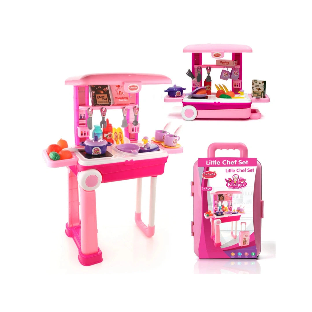Portable kitchen trolley play set with lights, sounds, and accessories.