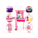 Portable kitchen trolley play set with lights, sounds, and accessories.