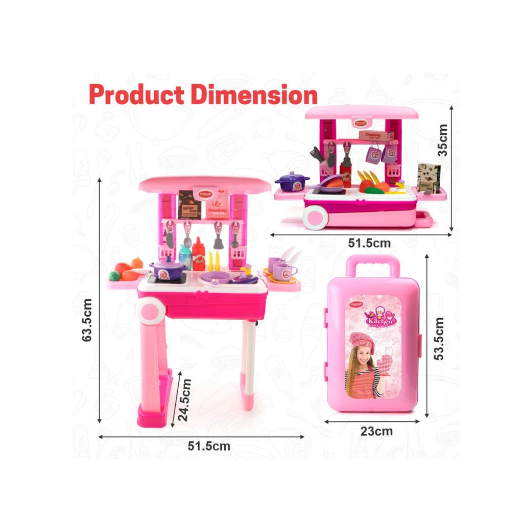 Portable kitchen trolley play set with lights, sounds, and accessories.