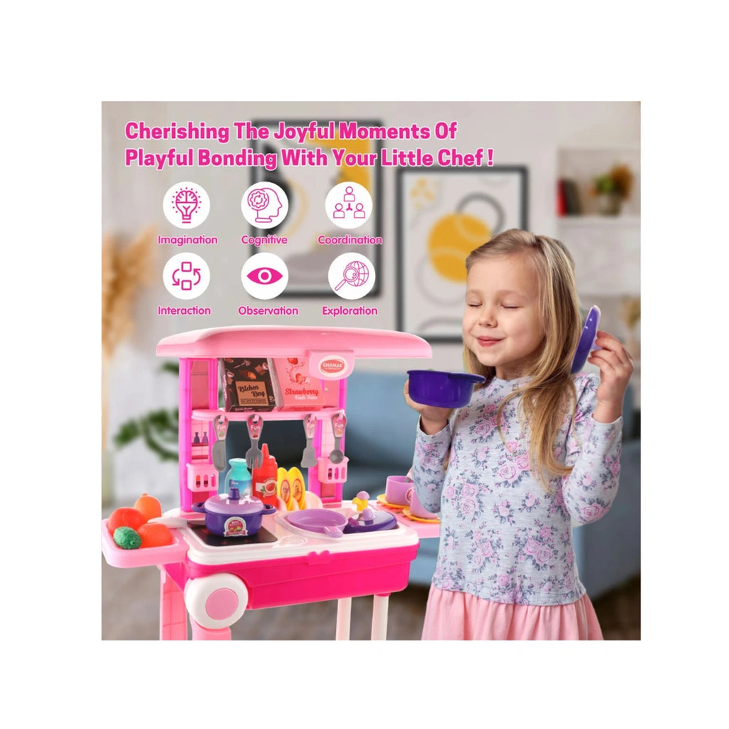 Portable kitchen trolley play set with lights, sounds, and accessories.
