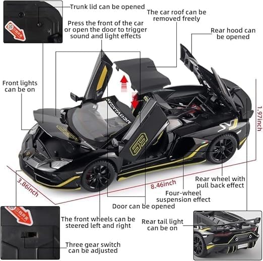 CCA 1:24 Lamborghini Aventador SVJ Die-Cast Car with Openable Hood & Doors, Toy Vehicle for Kids Ash