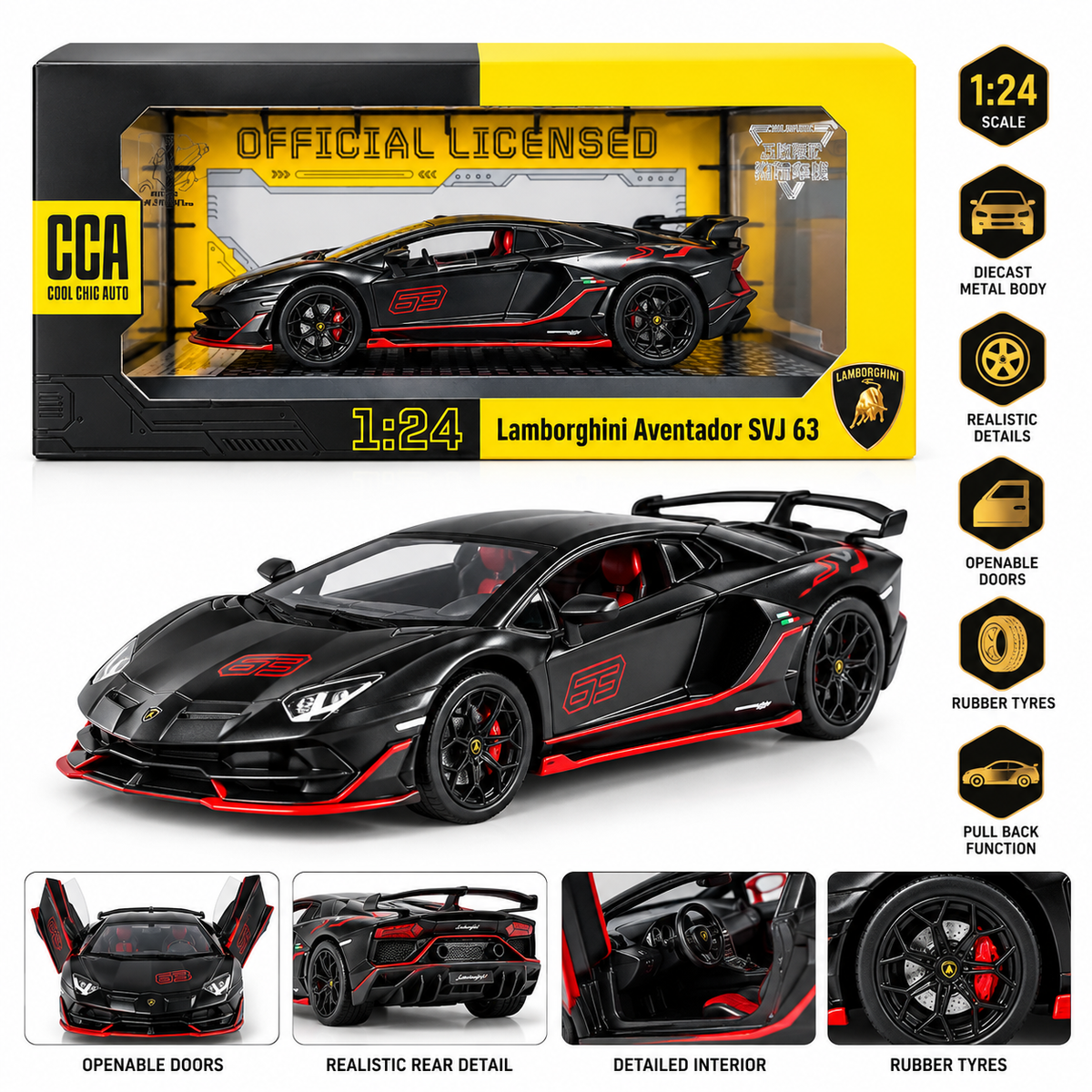 CCA 1:24 Lamborghini Aventador SVJ Die-Cast Car with Openable Hood & Doors, Lights and Sound Toy Vehicle for Kids (Copy)
