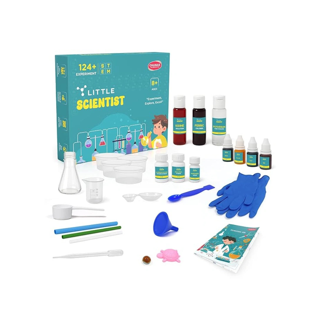 Kids chemistry lab kit with science experiment tools.