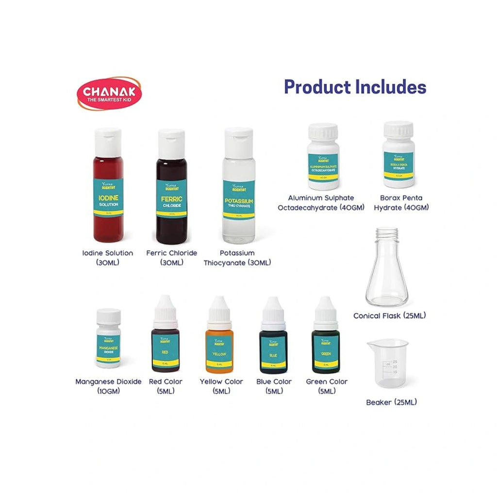 Kids chemistry lab kit with science experiment tools.