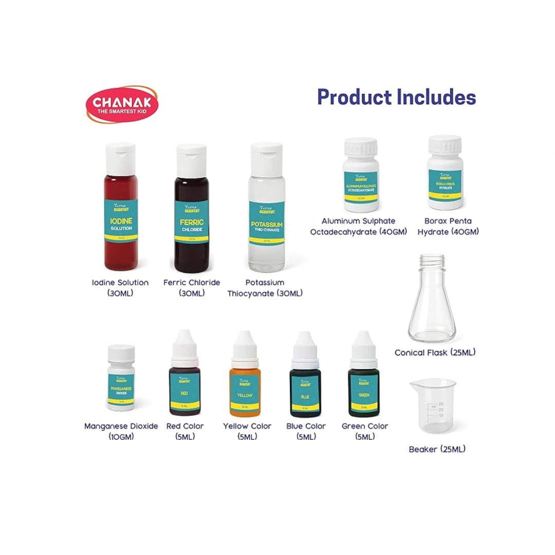 Kids chemistry lab kit with science experiment tools.