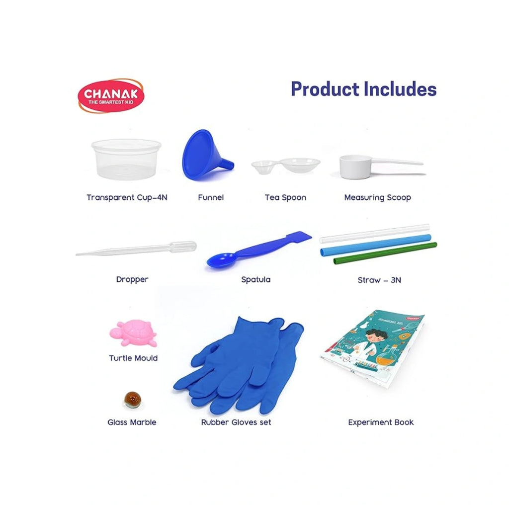 Kids chemistry lab kit with science experiment tools.