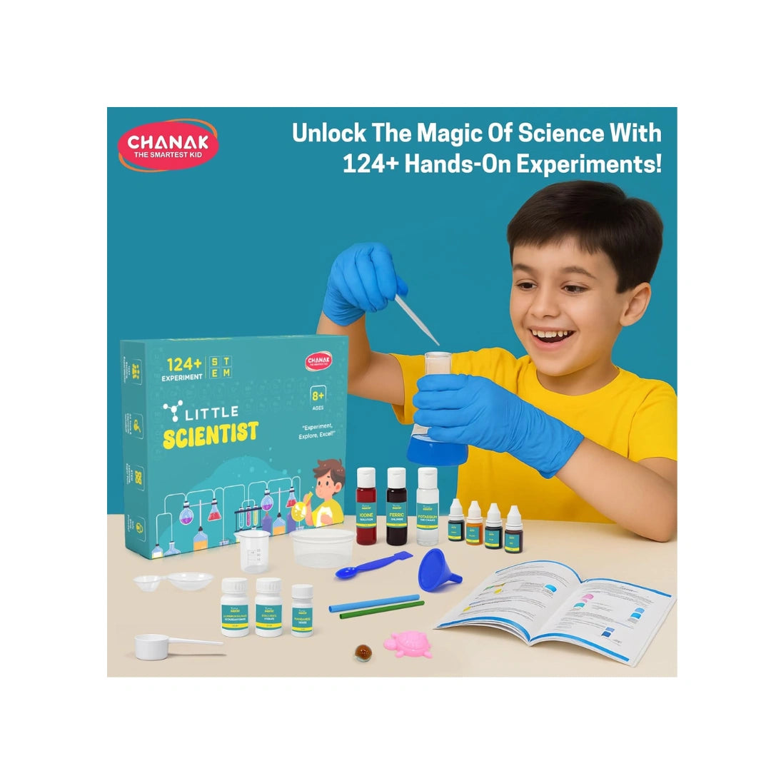 Kids chemistry lab kit with science experiment tools.