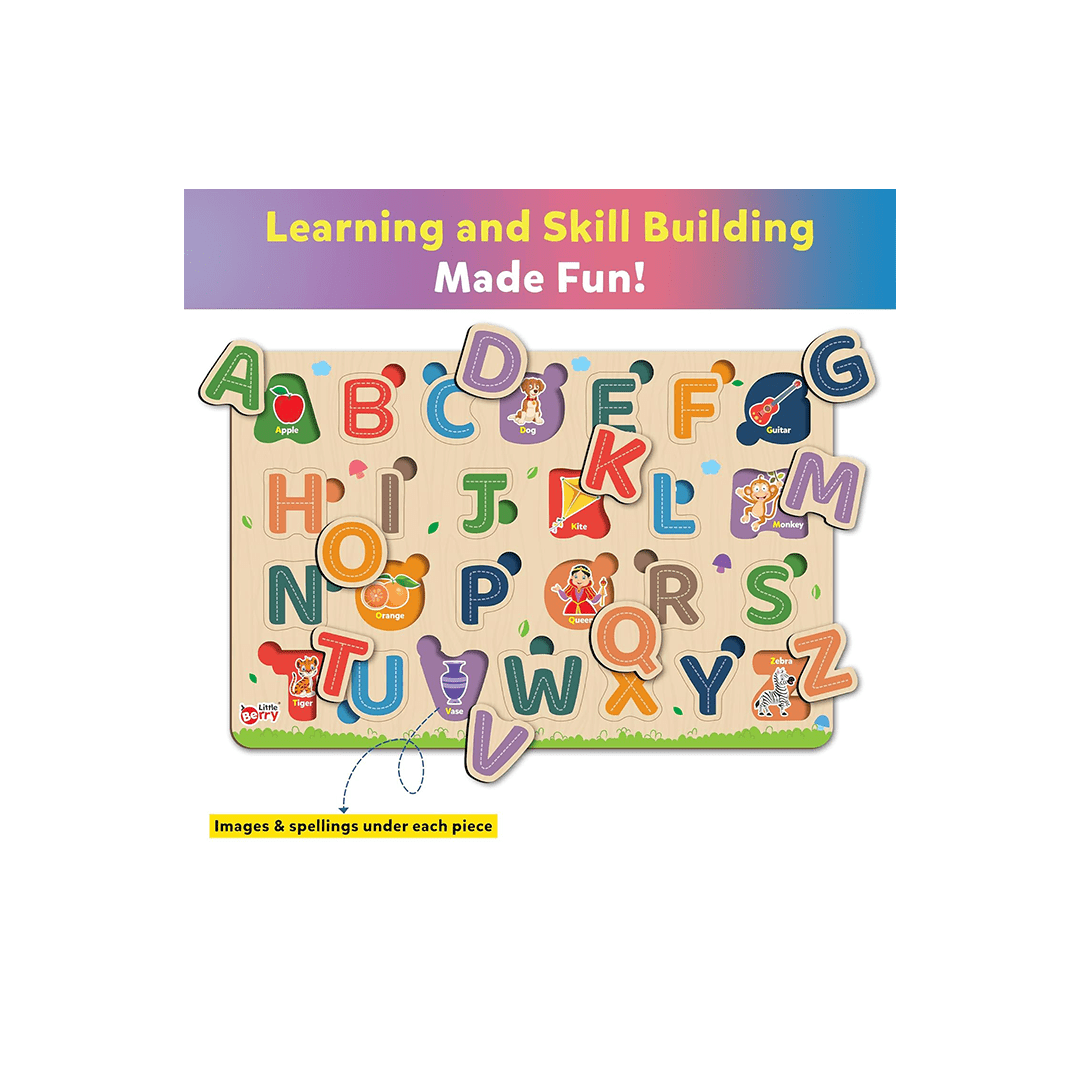 Little Berry Toys Little Berry Wooden Puzzles for Kids Age 2+ Years (Set of 4): ABC, Number, Fruit & Vegetable - Knob & Peg Puzzle Game