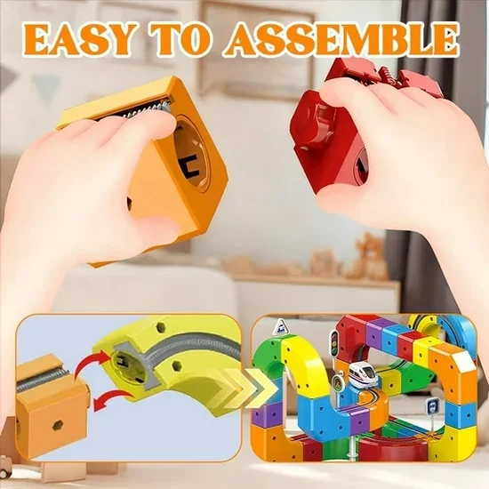 Magnetic maglev train set track pieces being assembled by hands